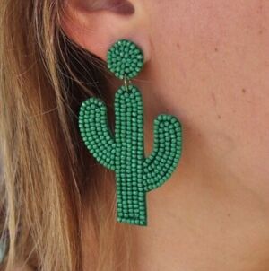 Beaded Cactus Drop Earrings Green Statement NEW Southwestern Boho